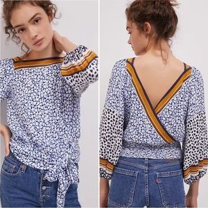 Anthropologie Maeve square neck deep v surplice back tie waist blouse - small